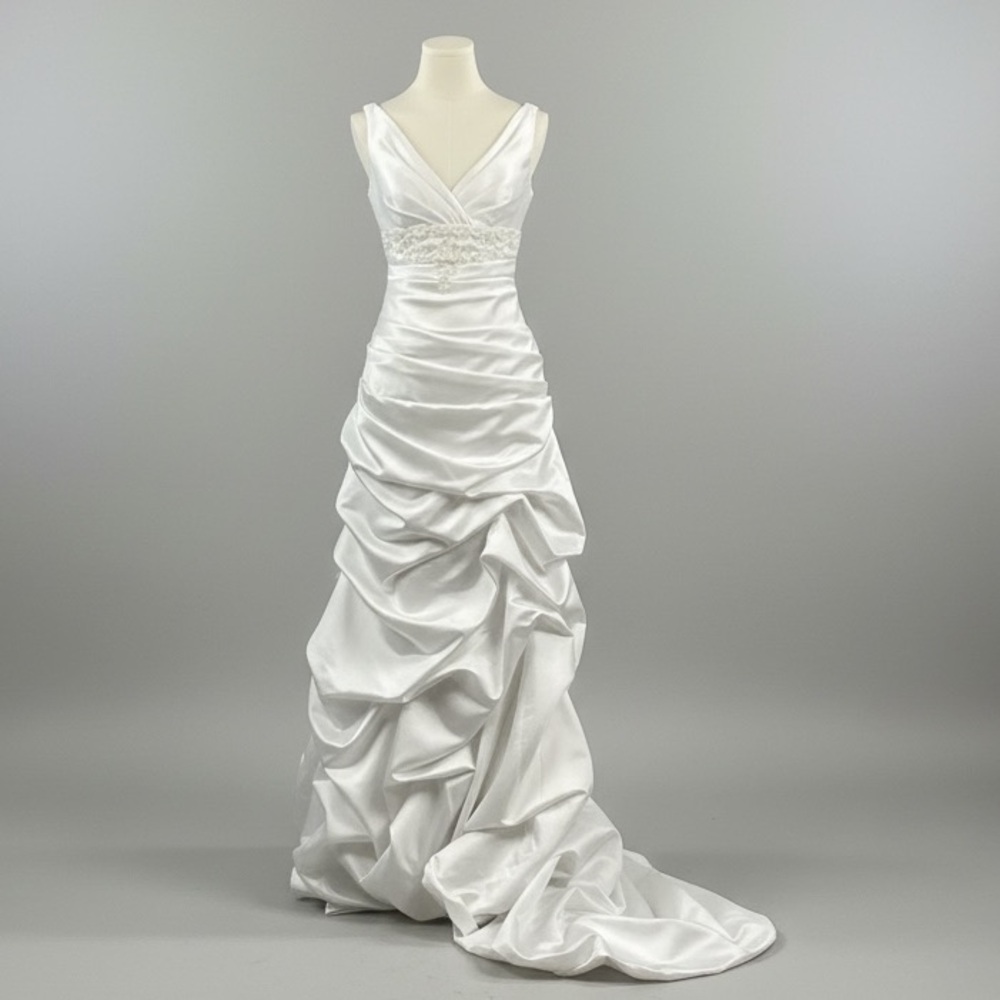 David's Bridal White Satin V-Neck Ruched A Line Wedding Pick-Up Gown WG3028  (6)